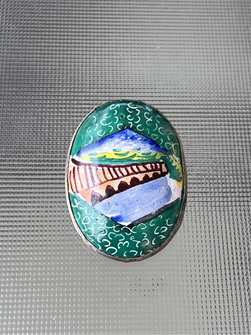 Vintage Hand-Painted Enamel Oval Brooch Pin - Abstract Art Landscape